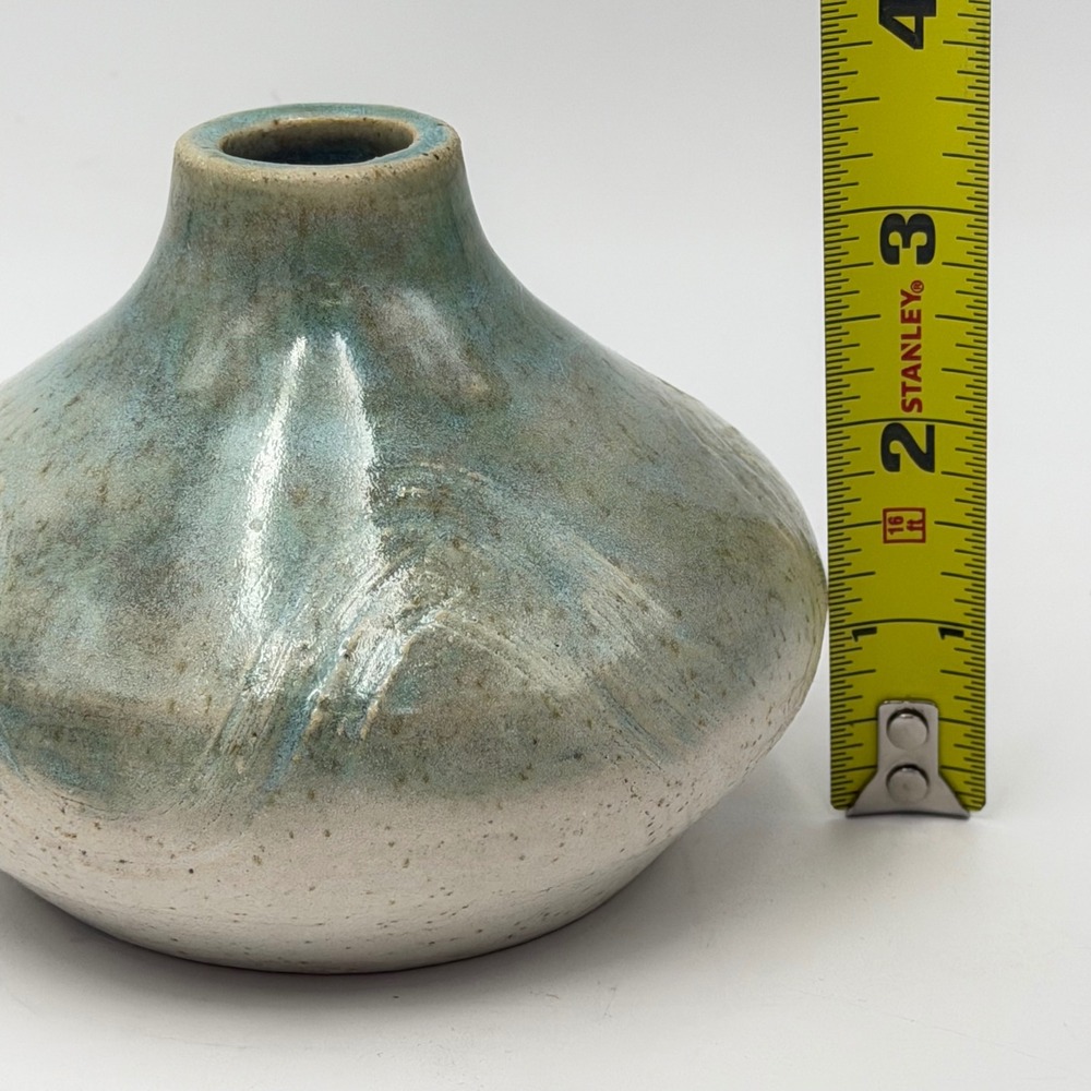 Studio Pottery Bud Vase Teal Green Speckled Cream Signed Heart Artisan Ceramic - Picture 4 of 6